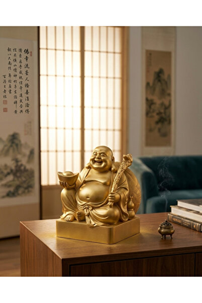 Freya Feng Shui Altın Gülen Buddha Heykeli – Şans, Zenginlik ve Pozitif Enerj...