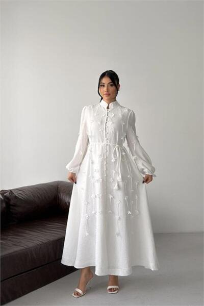 Neşeli Butik γυναικείο λευκό εισαγόμενο λινό ύφασμα με γιακά με λεπτομέρειες ...