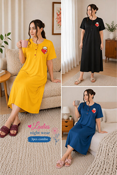LINELLE Graphic Print Nightwear Maxi Dress 3 Pcs Combo Set, Blue, Yellow & Black