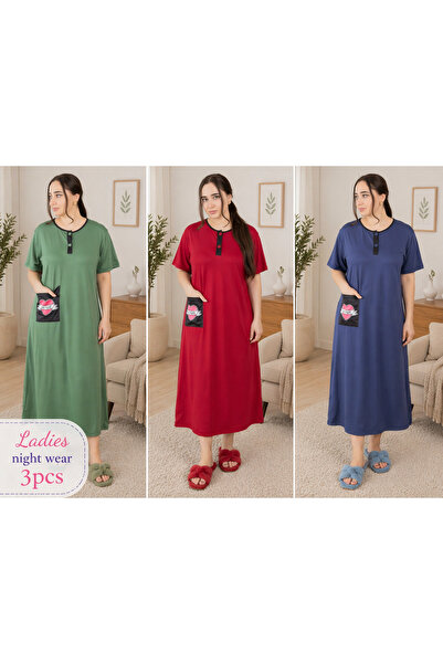 LINELLE Solid Nightwear Maxi Dress 3 Pcs Combo Set, Red, Blue & Green