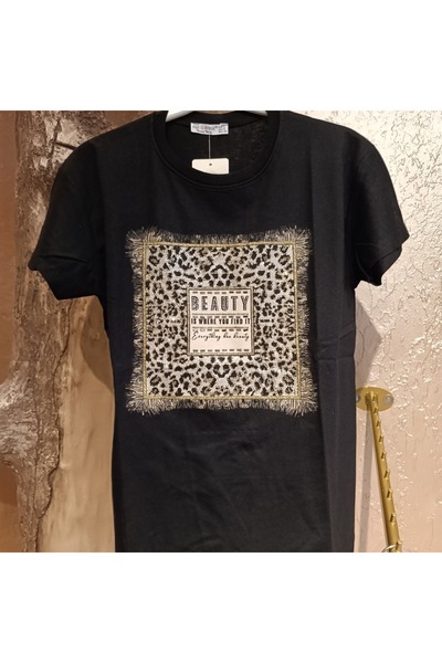 Butik siyah leopar baskılı t-shirt