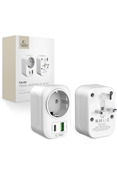 Tech-Protect TA100 Travel UK, 20W, 3A, 1 x Schuko - 1 x USB-A - 1 x USB-C, Alb