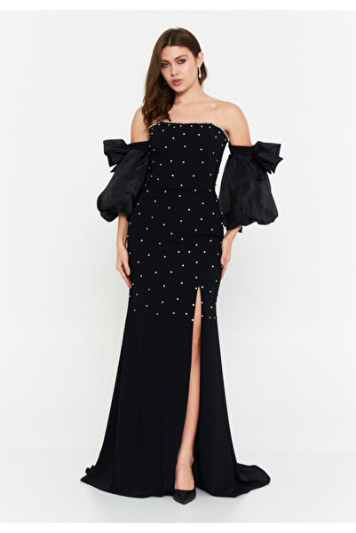 Sienna Fashion Βέντι κομψό μαύρο βραδινό φόρεμα με φουσκωτά μανίκια