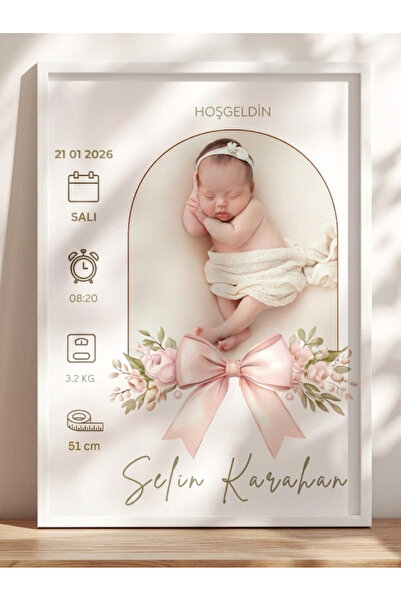 Gralanda Yeni doğan kız bebek doğum bilgileri fotoğraflı anı çerçeve, isim ta...