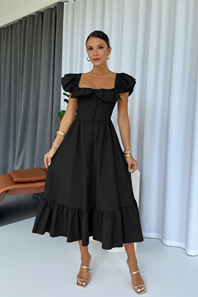 Mine Tan Butik Μακρύ φόρεμα με τετράγωνο γιακά και λεπτομέρεια βολάν - Μαύρο