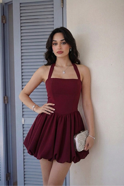 ALFUDO Moda Collection Γυναικείο βραδινό φόρεμα σε μπορντό χρώμα με βολάν και...