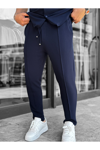 BYBASICMAN Pantaloni albastru marin cu cusături în formă de morcov LNS-2078