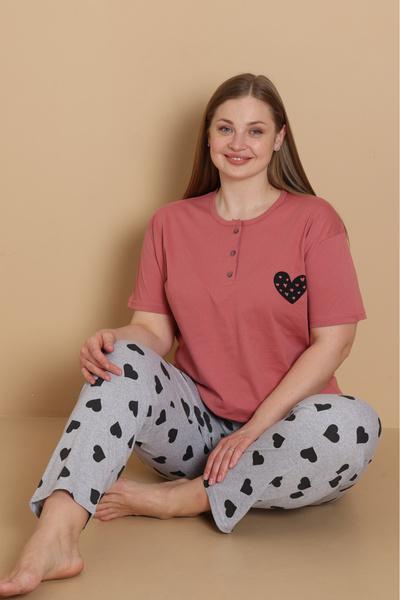 Wordex MRN 4515 Γυναικείο Σετ Πιτζάμες με Καρδιές, Κοντομάνικο, Βαμβακερό, Χτ...