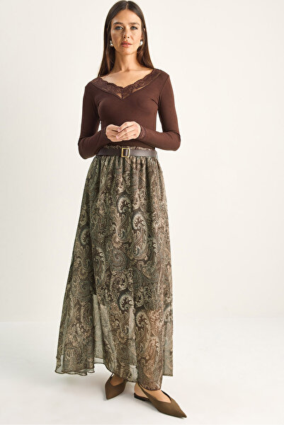 Bianco Lucci Γυναικεία φούστα μάξι από σιφόν με σχέδια και λεπτομέρεια στη ζώ...