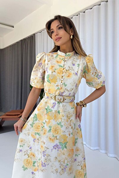 Mine Tan Butik Μακρύ φόρεμα με χρυσή ζώνη και λουλουδάτο σχέδιο - Κίτρινο