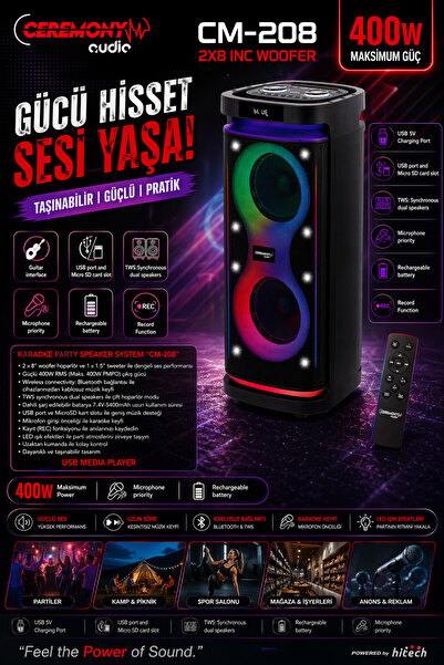 ceremony audio | CM-208 | Taşınabilir Bluetooth Parti Hoparlör | 2x8 inç Woof...
