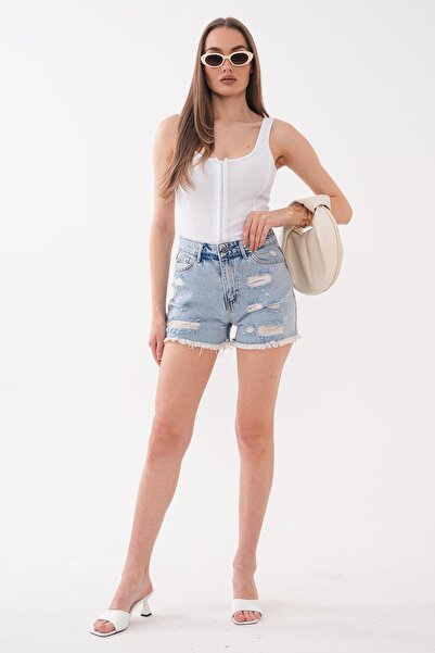 ŞİMAL Дамски дънкови къси панталони с накъсани детайли 260234