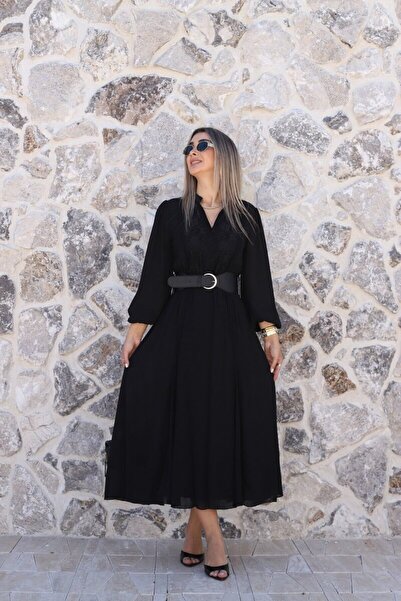 bytugcekaya Siyah Kemerli Uzun Kollu Krinkıl Kumaş Elbise