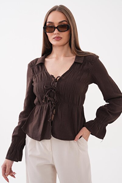 ŞİMAL Γυναικεία μπλούζα μουσελίνα με λεπτομέρεια δαντέλας στο μπροστινό μέρος...