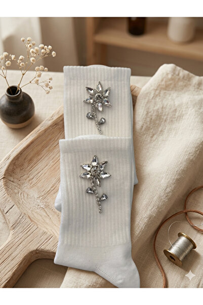 roseberry Çiçek kristal taşlı bambu beyaz çorap