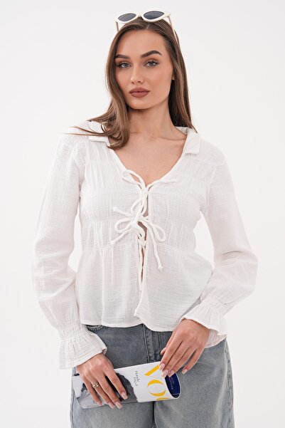 ŞİMAL Γυναικεία μπλούζα μουσελίνα με λεπτομέρεια δαντέλας στο μπροστινό μέρος...