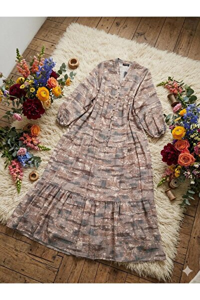 ÇALIŞKAN MODA Soft Desen V Neck Man.Go Fabric Loose Summer Long Dress [Wide F...