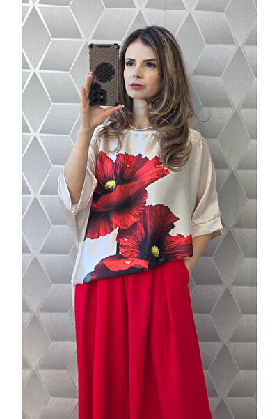 Sienna Fashion Μπλούζα με κόκκινα παπαρούνια και μανίκια 3/4