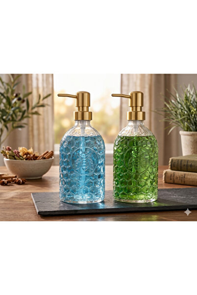 Trend Home Life Petek Desenli Gold Kapaklı Cam Sıvı Sabunluk 2’li Set Şık Mutfak & Banyo Sabunluk