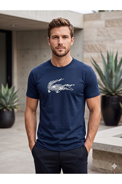 Farah Tekstil Sıfır Yaka Pamuklu, Likralı Timsah Baskılı Erkek T-shirt / Günlük