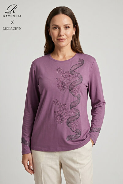 Ravencia Γυναικεία μπλούζα από βαμβακερό ύφασμα με σχέδιο βισκόζης και κεντημ...