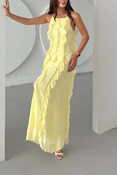 Mine Tan Butik Μακρύ γυναικείο φόρεμα με λεπτομέρεια βολάν στον λαιμό - Κίτρινο