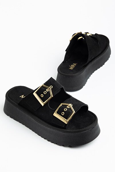 Moda Eleysa Women's Black Suede High PU Sole Double Buckled Slipper