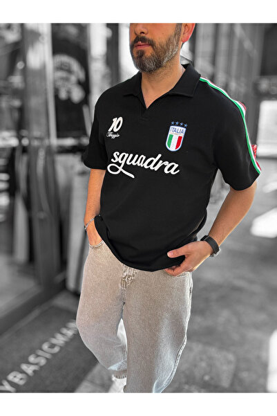 BYBASICMAN Черна тениска с италианска емблема, двуцветна RES-1056