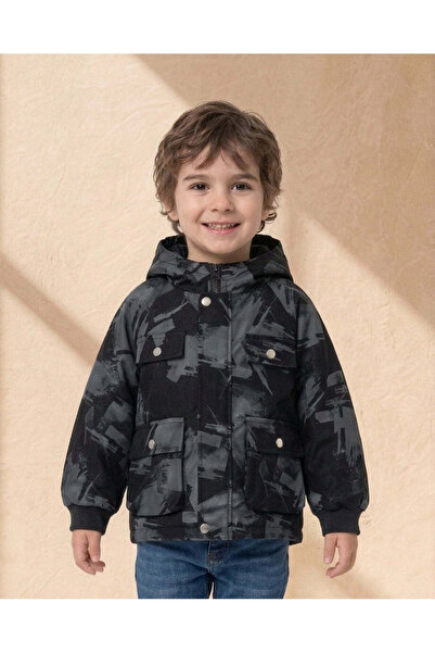 REDTAG Boys Black Printed Hooded Jacket