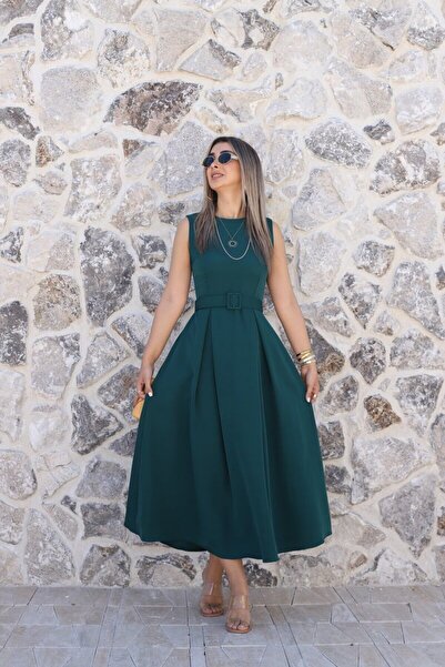 bytugcekaya Σμαραγδί Πράσινο Φόρεμα με Λαιμόκοψη Halter και Ζώνη