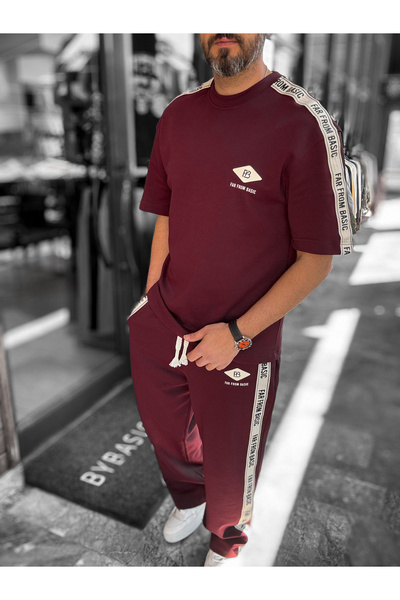 BYBASICMAN Бордо тениска с райета на ръкавите, нестандартен модел RES-1074