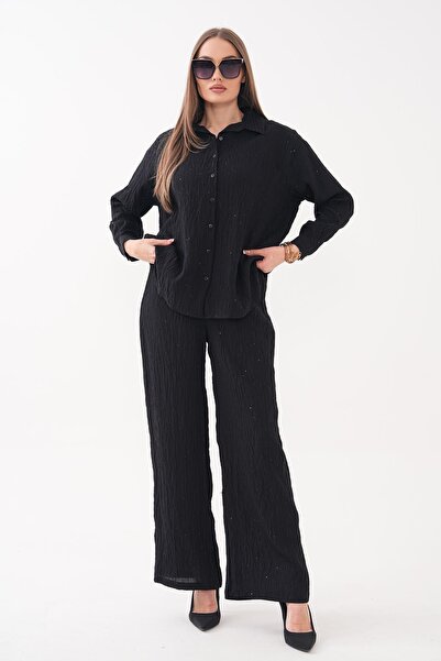 ŞİMAL Γυναικείο Σετ Παντελόνι και Μπλούζα με Πέτρινη Λεπτομέρεια Ayrobin 2605...