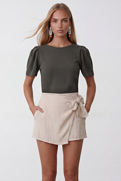 Trend Alaçatı Stili Γυναικεία πλεκτή μπλούζα με πιέτες στους ώμους σε χακί χρ...