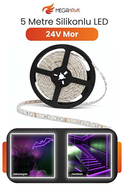 MEGAHAWK 24V Dış Mekan M/60 2835 Mor LED Şerit – 5 Metre, Kesilebilir ve Ekle...