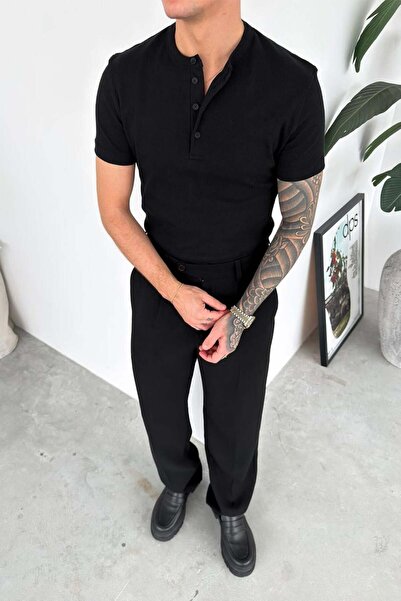 HAFKA Black Premium Ribbed Buttoned Collar Relax Fit Short Sleeve T-Shirt