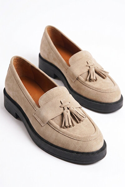 GRADA Γυναικεία Loafer Παπούτσια από Γνήσιο Δέρμα Σουέντ σε Χρώμα Μπεζ με Φού...