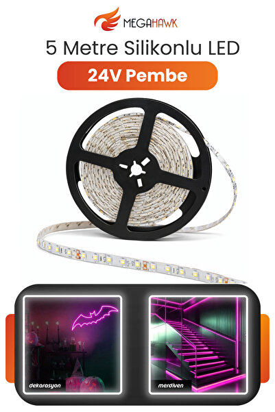MEGAHAWK 24V Dış Mekan M/60 2835 Pembe LED Şerit – 5 Metre, Kesilebilir ve Ek...