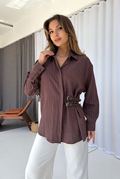 Mine Tan Butik Γυναικείο πουκάμισο με ρίγες από ύφασμα Tensel και λεπτομέρεια...