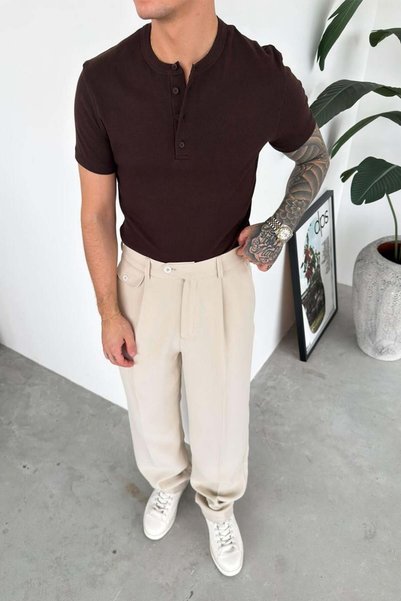 HAFKA Brown Premium Ribbed Buttoned Collar Relax Fit Short Sleeve T-Shirt