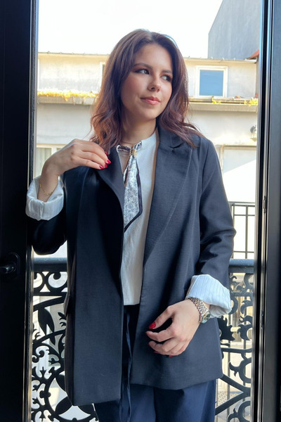 thesunfyre Women's Sleeve Folded Striped Lined Linen Oversize Model Blazer Ja...