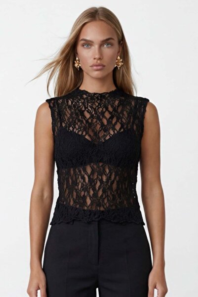 Trend Alaçatı Stili Γυναικεία Μαύρη Αμάνικη Δαντελένια Μπλούζα Alc-X15477