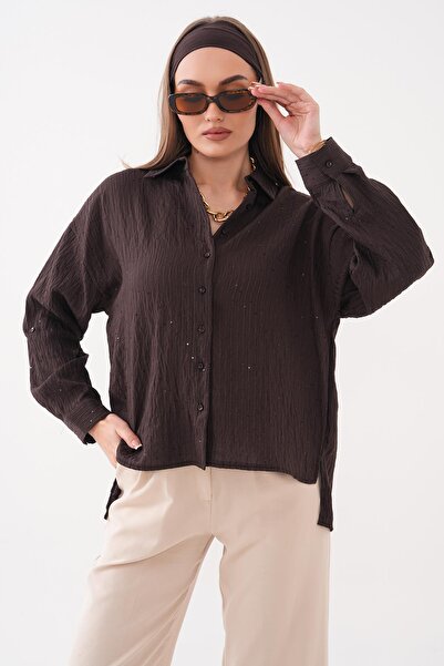 ŞİMAL Γυναικείο πουκάμισο με λαμπερές χάντρες και λεπτομέρεια στα μακριά μανί...