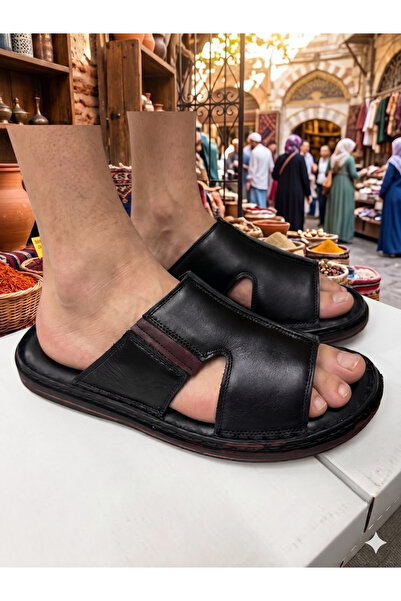 rocassi Men's Genuine Leather Slippers Black