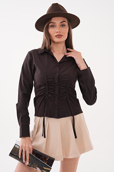 ŞİMAL Women's Long Sleeve Shirt with Gathered Front Detail 260493 -