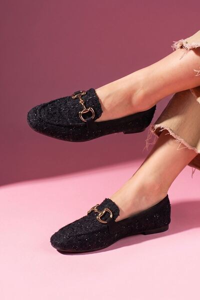 FUGA MODA Alita Μαύρο Ασημί Υφασμάτινο Λουράκι με Χρυσή Πόρπη Loafer Μπαλαρίνες