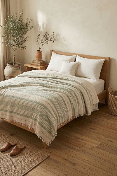 morlina home 100% Cotton 4 Layer Striped Muslin Double Bedspread Sofa Cover T...