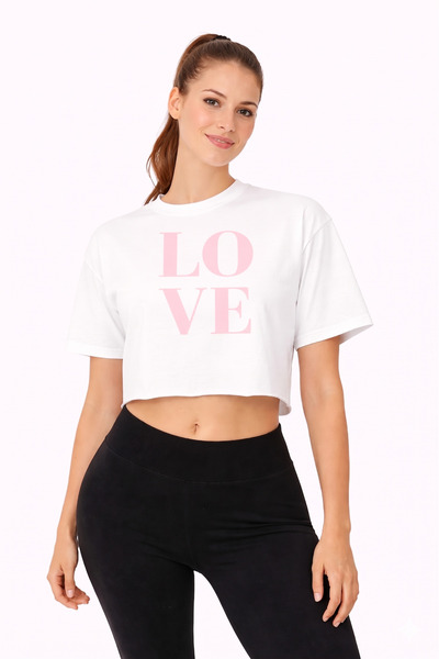 Lizbon Style Γυναικείο λευκό μπλουζάκι LOVE με στάμπα, φαρδιά γραμμή, κοντομά...