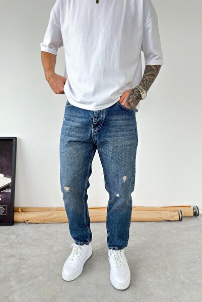 HAFKAGİYİM Σκούρο μπλε μαλακό παντελόνι boyfriend με σκισίματα και ντεγκραντέ...