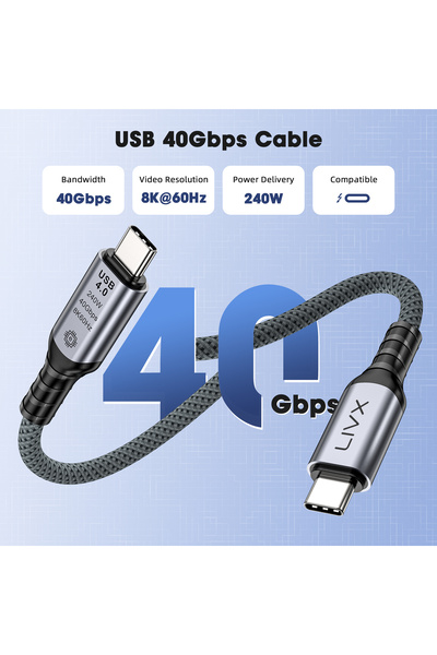 LivX FAST USB 4.0 40Gbps, 240W, 8K60Hz USB4.0 USB-C Kablosu 1.5 Metre Gri KLV-1.5