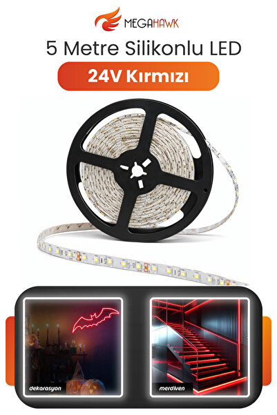MEGAHAWK 24V Dış Mekan M/60 2835 Kırmızı LED Şerit – 5 Metre, Kesilebilir ve ...